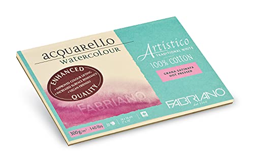 Fabriano Artistico Acquarello Watercolour, naturweiß, satiniert hot pressed, 18 x 26 cm, 20 Blatt 300 g/m², hochwertiger Künstler-Aquarellkarton, Block 4-seitig geleimt, vegan von Honsell