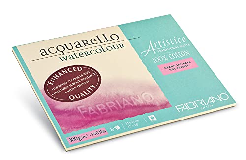 Fabriano Artistico Acquarello Watercolour, naturweiß, satiniert hot pressed, 30,5 x 45,5 cm, 20 Blatt 300 g/m², hochwertiger Künstler-Aquarellkarton, Block 4-seitig geleimt, vegan von Honsell