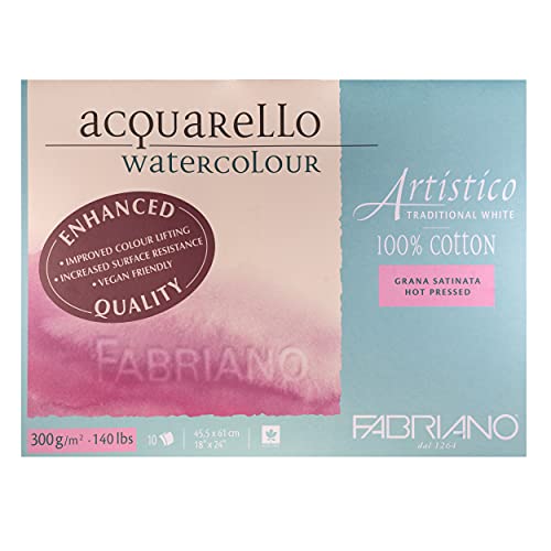 Fabriano Artistico Acquarello Watercolour, naturweiß, satiniert hot pressed, 45,5 x 61 cm, 10 Blatt 300 g/m², hochwertiger Künstler-Aquarellkarton, Block 4-seitig geleimt, vegan von Honsell