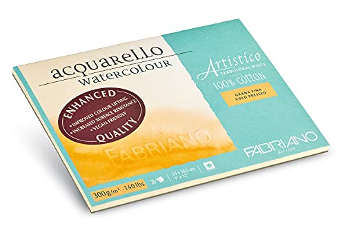 Honsell Fabriano Artistico Acquarello Watercolour, naturweiß, Feinkorn cold pressed, 23 x 30,5 cm, 20 Blatt 300 g/m², hochwertiger Künstler-Aquarellkarton, Block 4-seitig geleimt, vegan von Honsell