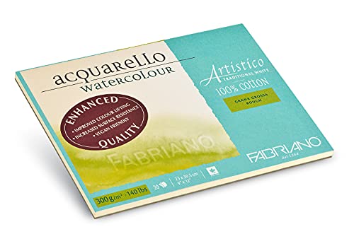 Fabriano Artistico Acquarello Watercolour, naturweiß, Grobkorn, 23 x 30,5 cm, 20 Blatt 300 g/m², hochwertiger Künstler-Aquarellkarton, Block 4-seitig geleimt, vegan von Honsell