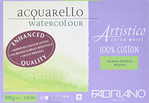 Fabriano Artistico Acquarello Watercolour, extra weiß, Grobkorn, 12,5 x 18 cm, 25 Blatt 300 g/m², hochwertiger Künstler-Aquarellkarton, Block 4-seitig geleimt, vegan von Honsell