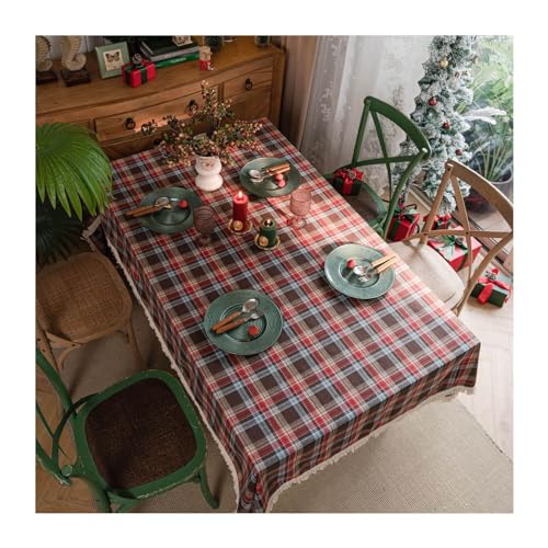 Tischdecke Tischtuch, Klassische Rot-Grün Karierte Tischdecke mit Quasten,Rechteckige Abwaschbar Weihnachtstischdecke, Fleckschutz Pflegeleicht (Rot-Braun,140×140cm) von HonunG
