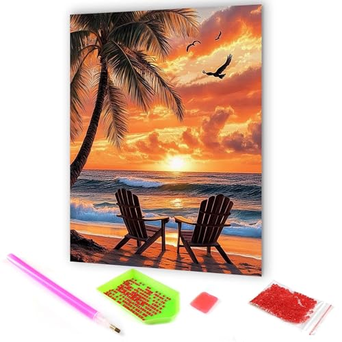Hoobee 5D DIY Diamond Painting Kokosnussbaum, Diamond Painting Bilder Strand Landschaft, Vollbohrer Stickerei Kreuzstich Kunst Handwerk für Zuhause Wanddekoration 30x40cm-91 von Hoobee