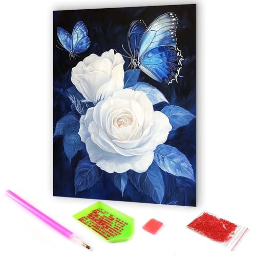 Hoobee 5D DIY Diamond Painting Weiße Rose, Diamond Painting Bilder Blumen Schmetterlinge, Vollbohrer Stickerei Kreuzstich Kunst Handwerk für Zuhause Wanddekoration 30x40cm-08 von Hoobee