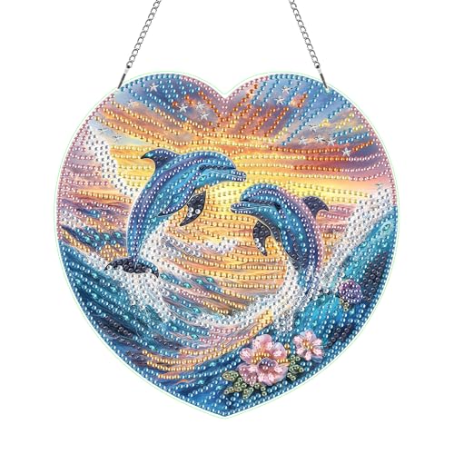 Hoobee Delfin Diamond Painting Anhänger, Tier Diamond Painting Fensterbilder, 5D Diamant Painting mit Kette, Wandbehang Kits-Für Zuhause Wanddekoration Und Eingang Dekoration 20x20cm(Delfin) von Hoobee