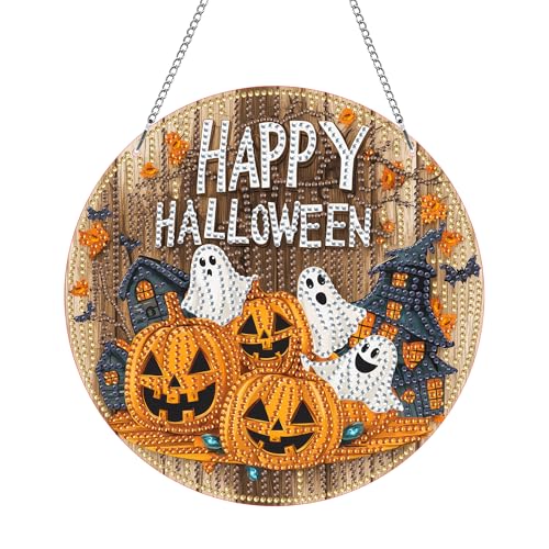 Hoobee Halloween Diamond Painting Anhänger, Geist Diamond Painting Fensterbilder, 5D Diamant Painting mit Kette, Wandbehang Kits-Für Zuhause Wanddekoration Und Eingang Dekoration 20x20cm(Halloween) von Hoobee