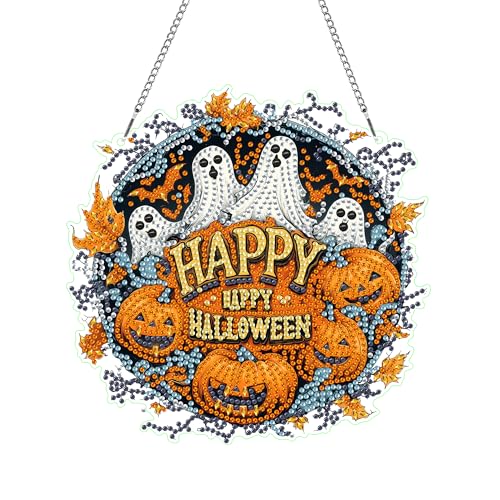 Hoobee Halloween Diamond Painting Anhänger, Geist Diamond Painting Fensterbilder, 5D Diamant Painting mit Kette, Wandbehang Kits-Für Zuhause Wanddekoration Und Eingang Dekoration 20x20cm(Halloween) von Hoobee