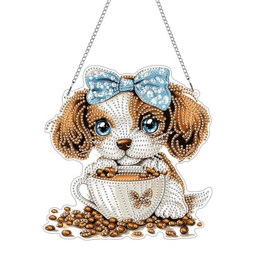 Hoobee Hund Diamond Painting Anhänger, Tier Diamond Painting Fensterbilder, 5D Diamant Painting mit Kette, Wandbehang Kits-Für Zuhause Wanddekoration Und Eingang Dekoration 20x20cm(Hund) von Hoobee