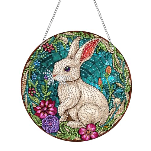 Hoobee Kaninchen Diamond Painting Anhänger, Tier Diamond Painting Fensterbilder, 5D Diamant Painting mit Kette, Wandbehang Kits-Für Zuhause Wanddekoration Und Eingang Dekoration 20x20cm(Kaninchen) von Hoobee