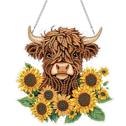 Hoobee Ochse Diamond Painting Anhänger, Sonnenblume Diamond Painting Fensterbilder, 5D Diamant Painting mit Kette, Wandbehang Kits-Für Zuhause Wanddekoration Und Eingang Dekoration 20x20cm(Ochse) von Hoobee