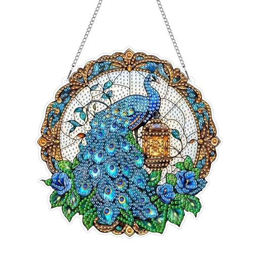 Hoobee Pfau Diamond Painting Anhänger, Tier Vogel Diamond Painting Fensterbilder, 5D Diamant Painting mit Kette, Wandbehang Kits-Für Zuhause Wanddekoration Und Eingang Dekoration 20x20cm(Pfau) von Hoobee