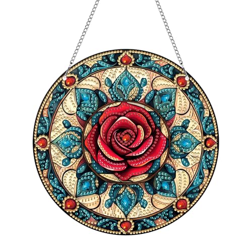 Hoobee Rose Diamond Painting Anhänger, Blume Diamond Painting Fensterbilder, 5D Diamant Painting mit Kette, Wandbehang Kits-Für Zuhause Wanddekoration Und Eingang Dekoration 20x20cm(Rose) von Hoobee