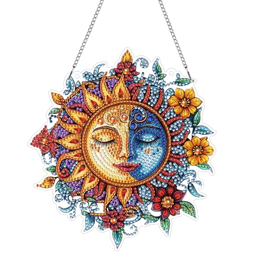 Hoobee Sonne Diamond Painting Anhänger, Mond Diamond Painting Fensterbilder, 5D Diamant Painting mit Kette, Wandbehang Kits-Für Zuhause Wanddekoration Und Eingang Dekoration 20x20cm(Sonne) von Hoobee