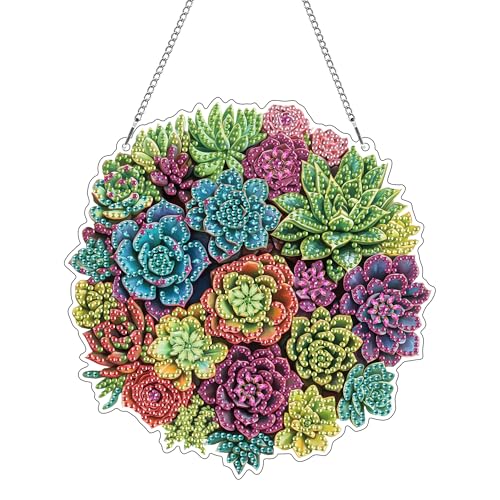 Hoobee Sukkulente Diamond Painting Anhänger, Pflanze Diamond Painting Fensterbilder, 5D Diamant Painting mit Kette, Wandbehang Kits-Für Zuhause Wanddekoration Und Eingang Dekoration 20x20cm(Kaktus) von Hoobee