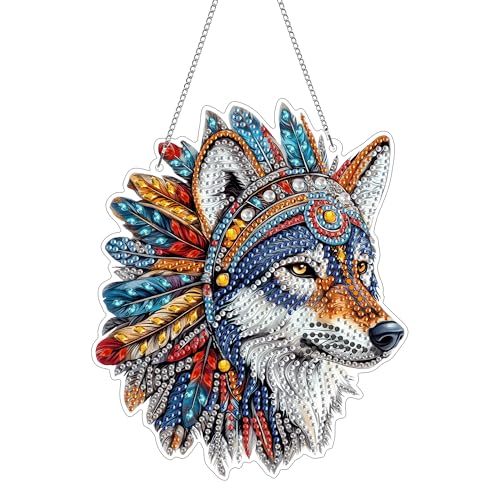 Hoobee Wolf Diamond Painting Anhänger, Tier Diamond Painting Fensterbilder, 5D Diamant Painting mit Kette, Wandbehang Kits-Für Zuhause Wanddekoration Und Eingang Dekoration 20x20cm(Wolf) von Hoobee