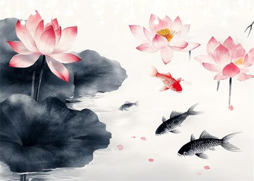 Diamond Painting Set für Erwachsene Fisch Diamant Painting Bilder Lotus DIY Runden Vollbohrer Diamant Malerei Stickerei Kreuzstich, 5D Mosaik Basteln Mädchen Geschenke für Room Decor 80x100 cm X4-82 von Hooixaag