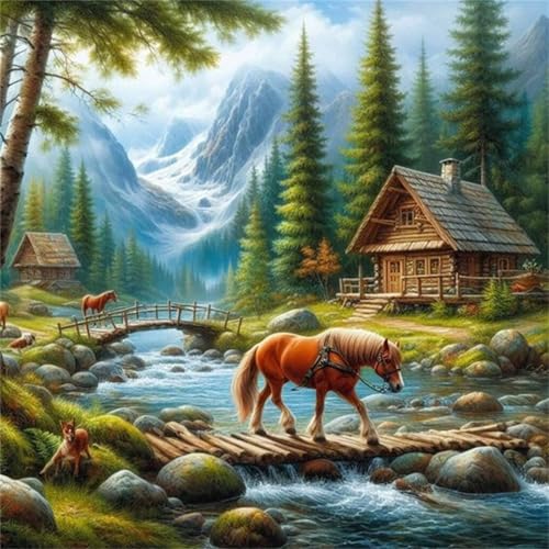 5D Berghütte Diamond Painting Set,Diamant Painting Bilder DIY Pferd Diamant Kunst Full Drill Kreuzstich Stickerei Bastelset Diamant Malerei für Home Wand Dekor Square Drill 60x60cm von Hoonjiin