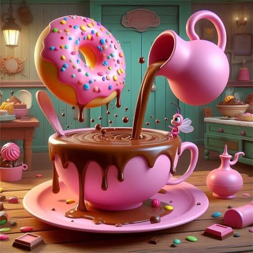 5D Donuts Diamond Painting Set,Diamant Painting Bilder DIY Schokoladenkaffee Diamant Kunst Full Drill Kreuzstich Stickerei Bastelset Diamant Malerei für Home Wand Dekor Square Drill 50x50cm von Hoonjiin