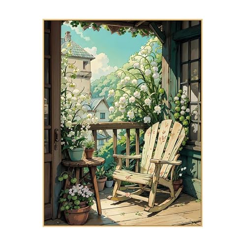 Balkon Stuhl Malen Nach Zahlen Erwachsene, DIY Blumen Handgemalt Ölgemälde Leinwand Set mit Pinseln und Acrylfarben, malen nach zahlen erwachsene set für Home Deko 55x70cm(mit Rahmen) von Hoonjiin