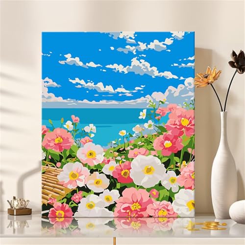 Blume Ozean Malen Nach Zahlen Erwachsene, DIY Wolken Handgemalt Ölgemälde Leinwand Set mit Pinseln und Acrylfarben, malen nach zahlen erwachsene set für Home Deko 20x30cm(ohne Rahmen) von Hoonjiin
