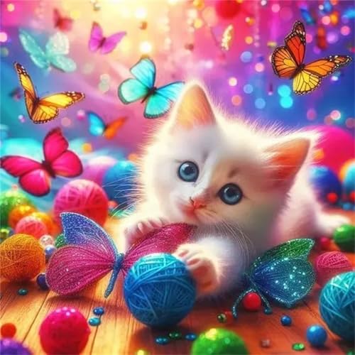 Diamond Painting Erwachsene,5D Schmetterling Katze Wolle Diamant Painting Bilder Anfänger,DIY Square Vollbohrer Diamanten Malerei Stickerei Set Kreuzstich Geschenke Home Wand Dekor 30x30cm von Hoonjiin