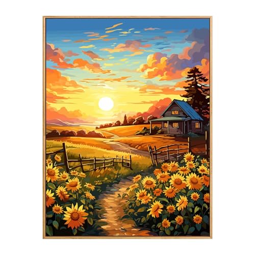 Goldenes Grasland Malen Nach Zahlen Erwachsene, DIY Sonnenuntergang Handgemalt Ölgemälde Leinwand Set mit Pinseln und Acrylfarben, malen nach zahlen erwachsene set für Home Deko 20x30cm(ohne Rahmen) von Hoonjiin