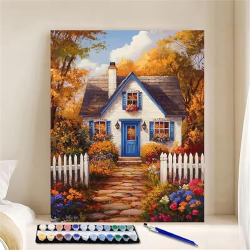 Herbst-Haus Malen Nach Zahlen Erwachsene, DIY Baum Handgemalt Ölgemälde Leinwand Set mit Pinseln und Acrylfarben, malen nach zahlen erwachsene set für Home Deko 60x90cm(ohne Rahmen) von Hoonjiin