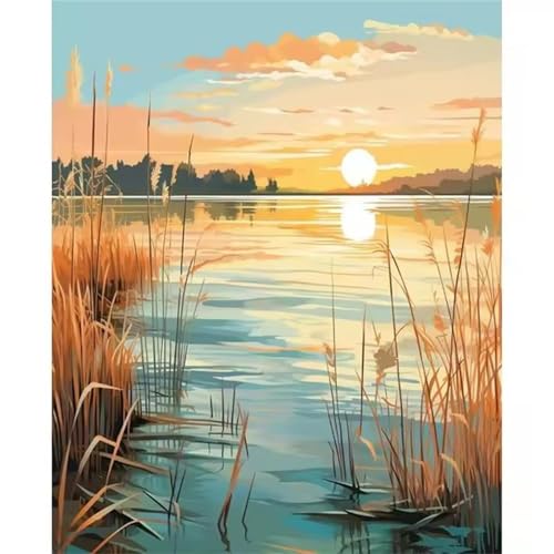 Herbstteich Malen Nach Zahlen Erwachsene, DIY Sonne Handgemalt Ölgemälde Leinwand Set mit Pinseln und Acrylfarben, malen nach zahlen erwachsene set für Home Deko 20x30cm(mit Rahmen) von Hoonjiin