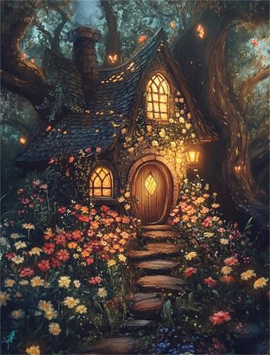 Holzhaus Malen Nach Zahlen Erwachsene, DIY Garten Handgemalt Ölgemälde Leinwand Set mit Pinseln und Acrylfarben, malen nach zahlen erwachsene set für Home Deko 45x60cm(ohne Rahmen) von Hoonjiin