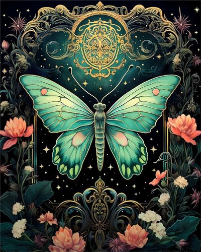 Hoonjiin Malen Nach Zahlen Erwachsene mit Rahmen Grüner Schmetterling, Paint by Numbers Adult DIY Ölgemälde Set, Blume Acrylfarbe malen nach zahlen Leinwand set für Heimdekoration 8x12inch von Hoonjiin