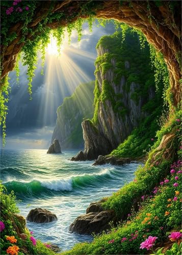 Hoonjiin Malen Nach Zahlen Erwachsene mit Rahmen Höhlen-Klippe, Paint by Numbers Adult DIY Ölgemälde Set, Sonne Acrylfarbe malen nach zahlen Leinwand set für Heimdekoration 24x30inch von Hoonjiin