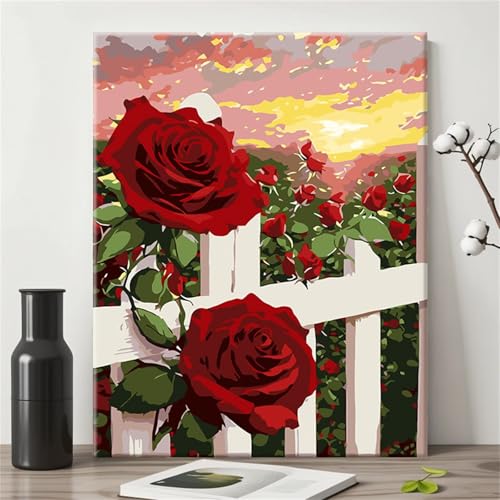 Hoonjiin Malen Nach Zahlen Erwachsene ohne Rahmen Rote Rose, Paint by Numbers Adult DIY Ölgemälde Set, Hecke Acrylfarbe malen nach zahlen Leinwand set für Heimdekoration 8x12inch von Hoonjiin