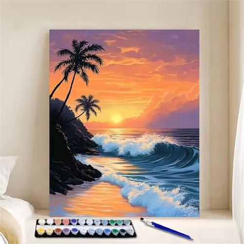 Hoonjiin Malen Nach Zahlen Erwachsene ohne Rahmen Sonnenuntergang am Strand, Paint by Numbers Adult DIY Ölgemälde Set, Baum Acrylfarbe malen nach zahlen Leinwand set für Heimdekoration 12x16inch von Hoonjiin