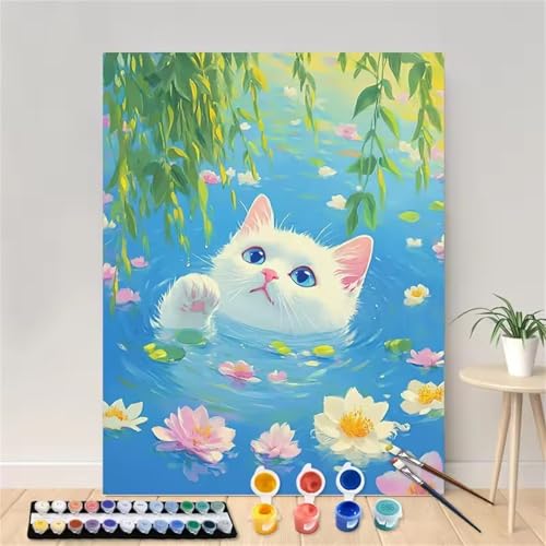 Hoonjiin Malen Nach Zahlen für Erwachsene mit Rahmen, DIY Grüner Baum Acrylfarbe Ölgemälde Set für erwachsene und anfänger, mit 3 - Pinseln malen nach zahlen Katze set für Wanddeko Geschenk 60x75cm von Hoonjiin