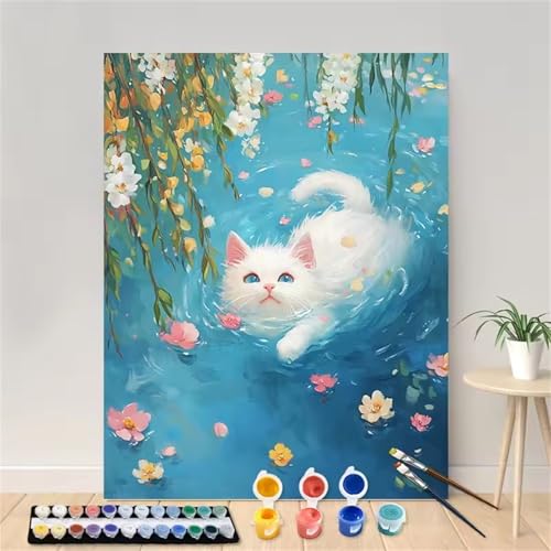 Hoonjiin Malen Nach Zahlen für Erwachsene mit Rahmen, DIY Swim Katze Acrylfarbe Ölgemälde Set für erwachsene und anfänger, mit 3 - Pinseln malen nach zahlen Blume set für Wanddeko Geschenk 20x30cm von Hoonjiin