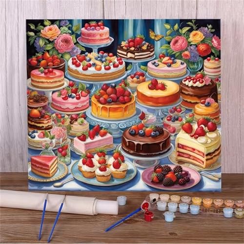 Malen Nach Zahlen Erwachsene Leckerer Kuchen,DIY Handgemalt Ölgemälde Kit für Anfänger Ohne Rahmen mit Acrylfarbe und 3 Pinseln für Geschenke und Home Wand Dekor - 50x50cm von Hoonjiin