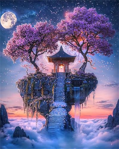 Malen Nach Zahlen für Erwachsene ohne Rahmen, DIY Schwebender Pavillon Acrylfarbe Ölgemälde Set für erwachsene und anfänger, mit 3 - Pinseln malen nach zahlen Baum set für Wanddeko Geschenk 45x60cm von Hoonjiin