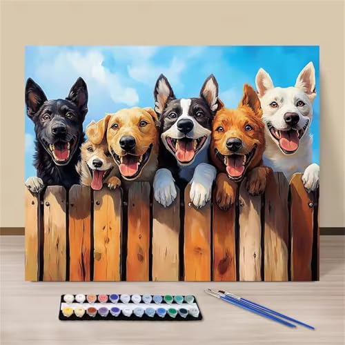 Malen Nach Zahlen für Erwachsene ohne Rahmen, DIY Zaun Hund Acrylfarbe Ölgemälde Set für erwachsene und anfänger, mit 3 - Pinseln malen nach zahlen Tier set für Wanddeko Geschenk 20x30cm von Hoonjiin