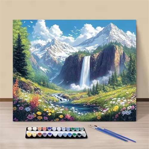 Natürlicher Wasserfall Malen Nach Zahlen Erwachsene, DIY Himmel Handgemalt Ölgemälde Leinwand Set mit Pinseln und Acrylfarben, malen nach zahlen erwachsene set für Home Deko 60x90cm(mit Rahmen) von Hoonjiin