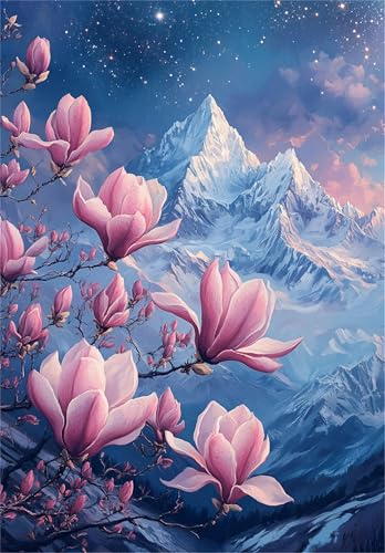 Schneeberg Malen Nach Zahlen Erwachsene, DIY Magnolie Handgemalt Ölgemälde Leinwand Set mit Pinseln und Acrylfarben, malen nach zahlen erwachsene set für Home Deko 45x60cm(ohne Rahmen) von Hoonjiin