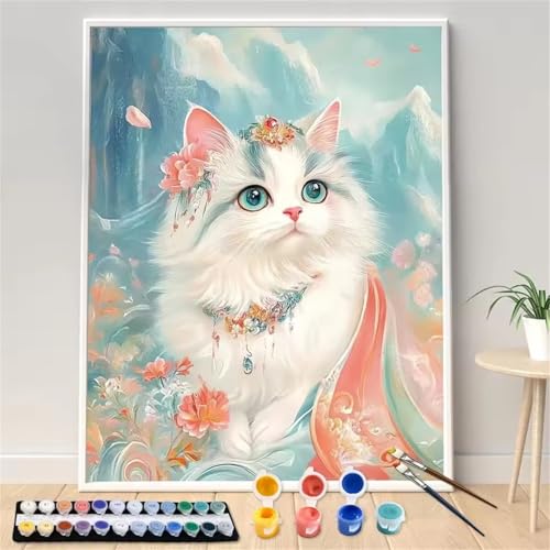 Schöne Katze Malen Nach Zahlen Erwachsene, DIY Berg Handgemalt Ölgemälde Leinwand Set mit Pinseln und Acrylfarben, malen nach zahlen erwachsene set für Home Deko 20x30cm(ohne Rahmen) von Hoonjiin