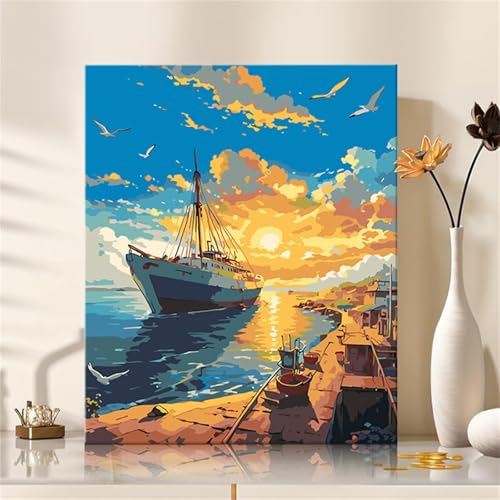 Segelboot Meer Malen Nach Zahlen Erwachsene, DIY Küste Handgemalt Ölgemälde Leinwand Set mit Pinseln und Acrylfarben, malen nach zahlen erwachsene set für Home Deko 55x70cm(ohne Rahmen) von Hoonjiin