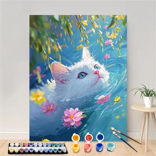 Sommer Katze Malen Nach Zahlen Erwachsene, DIY Baum Handgemalt Ölgemälde Leinwand Set mit Pinseln und Acrylfarben, malen nach zahlen erwachsene set für Home Deko 20x30cm(mit Rahmen) von Hoonjiin