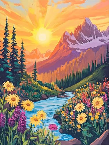 Sonnenaufgangs-Berge Malen Nach Zahlen Erwachsene, DIY Fluss Handgemalt Ölgemälde Leinwand Set mit Pinseln und Acrylfarben, malen nach zahlen erwachsene set für Home Deko 50x65cm(mit Rahmen) von Hoonjiin