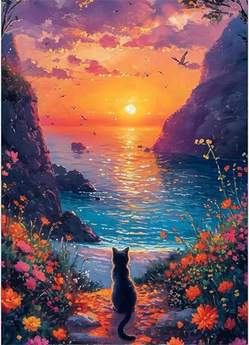 Sonnenuntergang Katze Malen Nach Zahlen Erwachsene, DIY Seestück Handgemalt Ölgemälde Leinwand Set mit Pinseln und Acrylfarben, malen nach zahlen erwachsene set für Home Deko 50x65cm(ohne Rahmen) von Hoonjiin