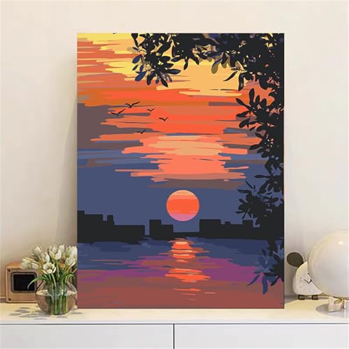 Sonnenuntergang Stadt Malen Nach Zahlen Erwachsene, DIY Meer Handgemalt Ölgemälde Leinwand Set mit Pinseln und Acrylfarben, malen nach zahlen erwachsene set für Home Deko 60x90cm(mit Rahmen) von Hoonjiin