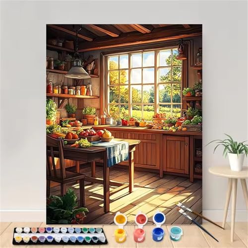 Sonnige Küche Malen Nach Zahlen Erwachsene, DIY Ansehen Handgemalt Ölgemälde Leinwand Set mit Pinseln und Acrylfarben, malen nach zahlen erwachsene set für Home Deko 60x75cm(mit Rahmen) von Hoonjiin