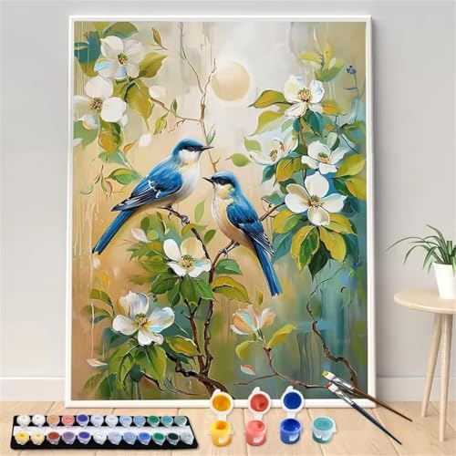 Sprossen-Zweig Malen Nach Zahlen Erwachsene, DIY Vögel Handgemalt Ölgemälde Leinwand Set mit Pinseln und Acrylfarben, malen nach zahlen erwachsene set für Home Deko 60x75cm(mit Rahmen) von Hoonjiin