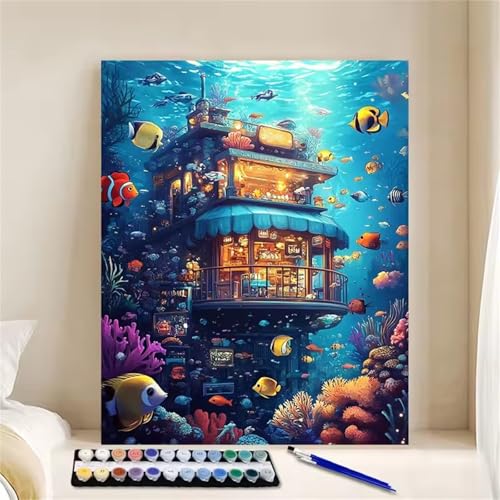 Unterwasser-Shop Malen Nach Zahlen Erwachsene, DIY Koralle Handgemalt Ölgemälde Leinwand Set mit Pinseln und Acrylfarben, malen nach zahlen erwachsene set für Home Deko 60x90cm(ohne Rahmen) von Hoonjiin
